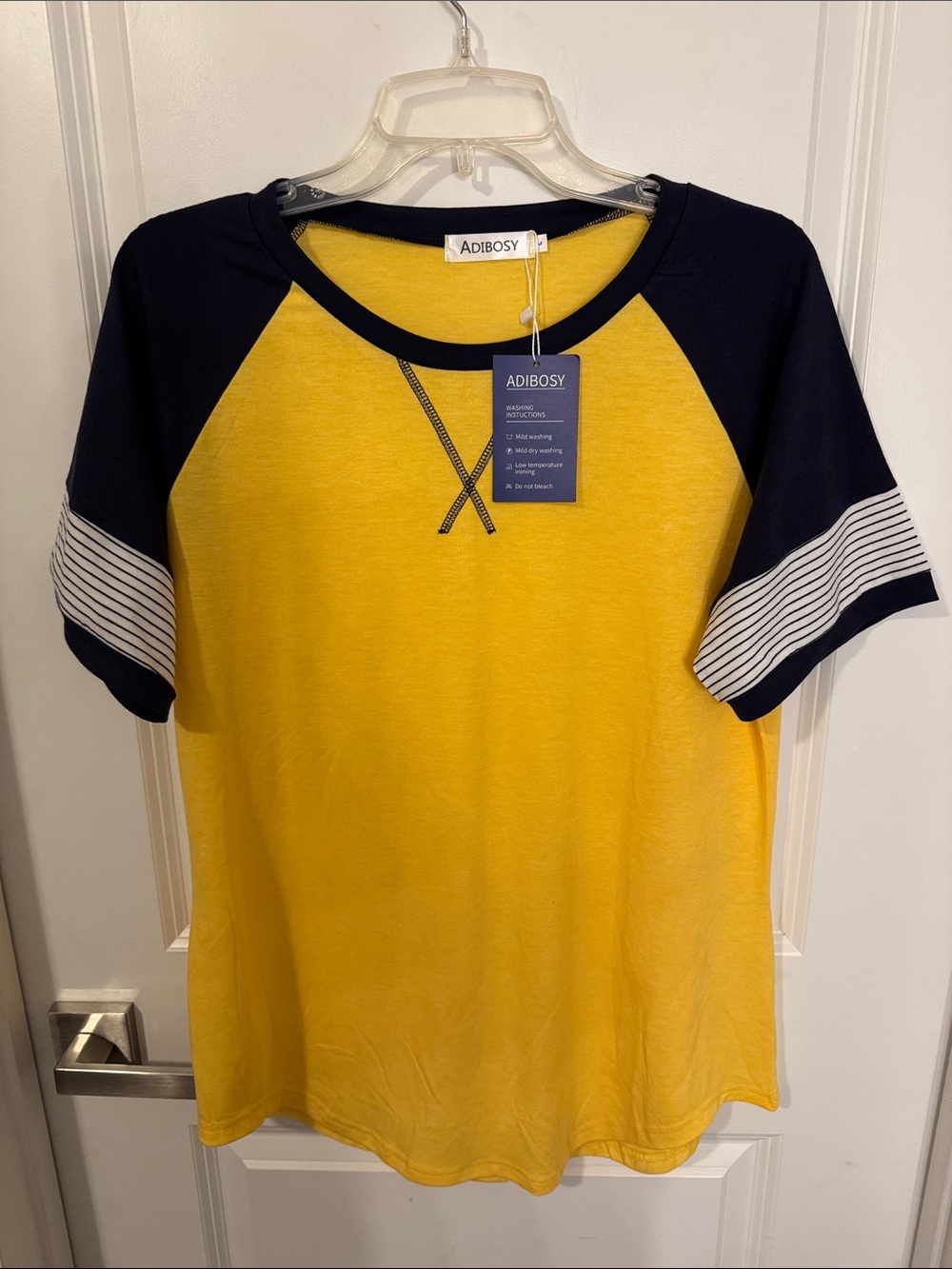 Women's Yellow Raglan Short Sleeve Tee with Navy Sleeves
